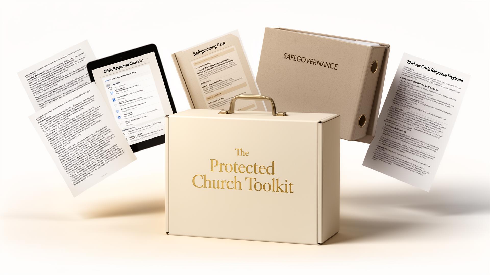 The Protected Church Toolkit — premium product mockup with policy documents, crisis playbook, safeguarding pack, and board governance materials